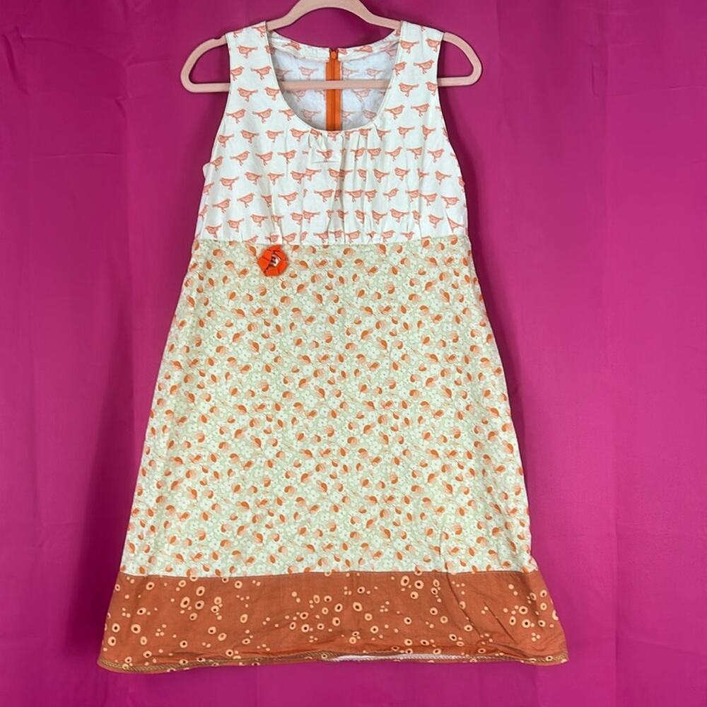 Unbranded orange and cream bird and floral print empire waist midi dress XS